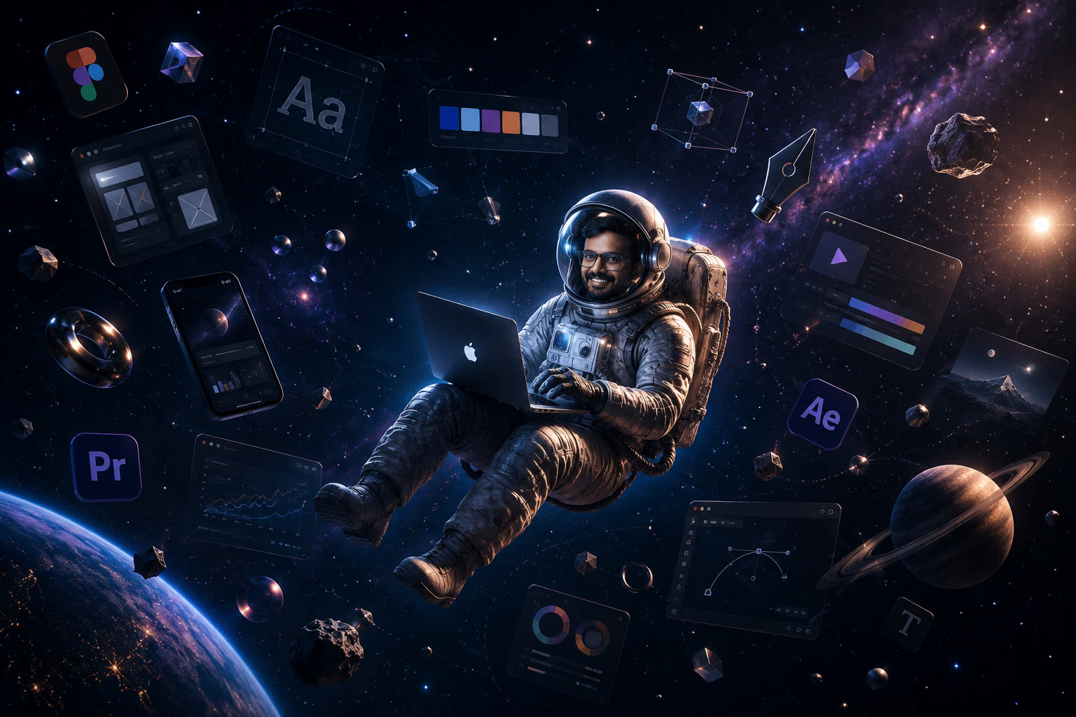 Bonslee floating in space with a laptop, surrounded by design tools and interface panels